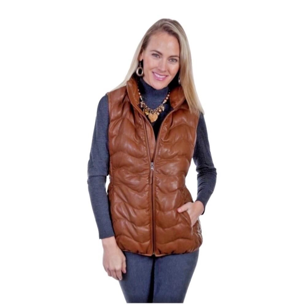 Scully Leather Western Vest Womens Ribbed Cognac Soft Zip Stand Collar Cowgirl